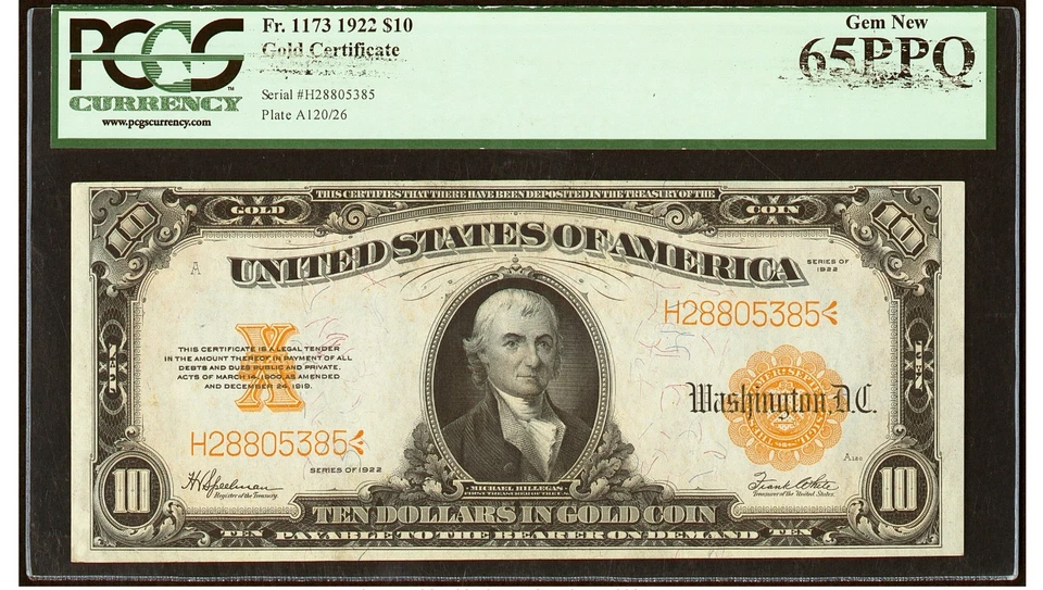 1922 $10 Gold Certificate FR#1173 PCGS Gem 65 PPQ - Image 1 of 2