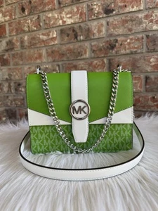 MICHAEL KORS GREENWICH SMALL FLAP CROSSBODY MK CHAIN BAG TOTE JUNGLE GREEN LOGO - Picture 1 of 8