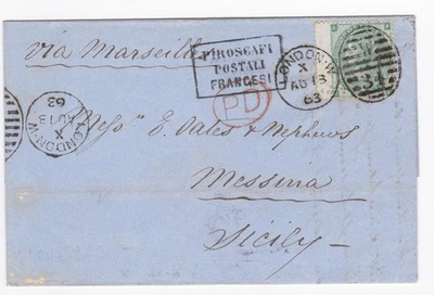 1863 QV 1/- GREEN STAMP ON LETTER TO MESSINA FRENCH STEAMER PIROSCAFI POSTALI FR - Image 1 of 4