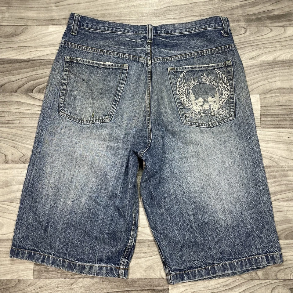 Pantalones Cortos De Colección Route 66 Calavera Denim Hombres 36 x 14 Grunge Pantalones Cortos Patinador Pierna Ancha Y2K Foto 1 de 4