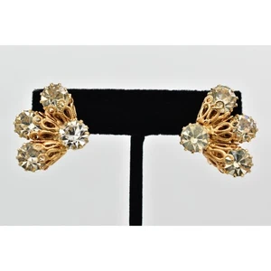 Vintage Crystal Floral Clip On Earrings Gold Prong Rhinestone Chunky 1960s BinBK - Picture 1 of 16