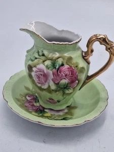 Lefton China Green Heritage 16 Unzen Krug/Schüssel Set handbemalt Kohlrose 4172 - Bild 1 von 13