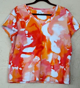 Camicia blusa maglietta Chico's taglia 3 XL arancione rosso artistico 16 18 scollo a V berretto Slve - Foto 1 di 3