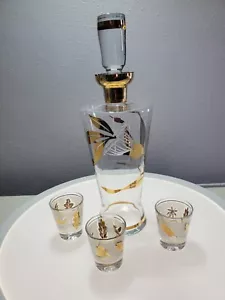 MCM Decanter Vintage Foglia Oro Smerigliato Con Bicchieri Tre Colpi - Foto 1 di 6