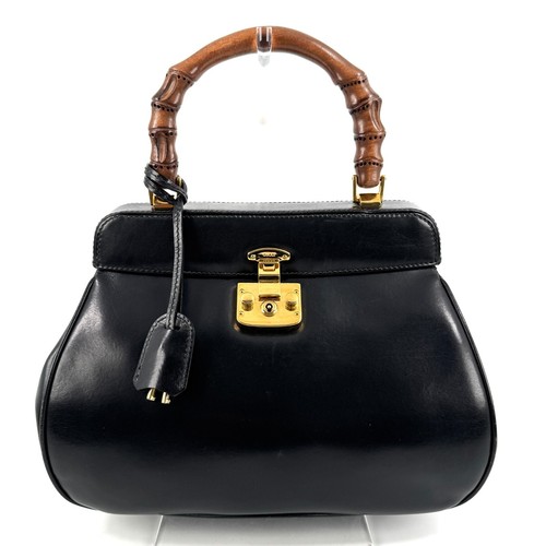 Rara borsa vintage Gucci Lady Lock bambù manico superiore pelle nera rossa
