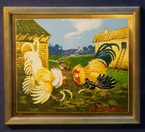 1958 ANTONIO LIGABUE: COMBATTIMENTO DI GALLI- SERIGRAFIA SU LASTRA TRATTATA ORO - Picture 1 of 7