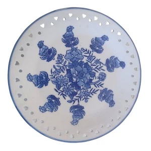 Vtg 8" Delf Blue Hand Painted Floral Heart Cutout Lace Edge Decorative - Picture 1 of 9