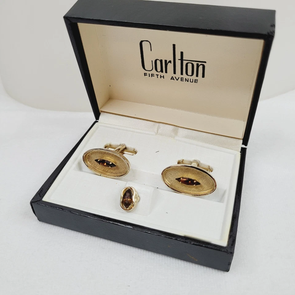 Vintage Shields Mens Cufflinks Tie Pin Set Gold Tone Oval Rhinestone Carlton Box - Image 1 of 4