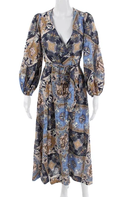 Maxi vestido envolvente Zimmermann para mujer beige geométrico cuello en V manga larga talla 0 Foto 1 de 4