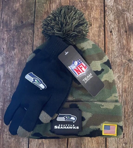 NFL Seattle Seahawks Camo Pom Beanie & Gloves Salute to Service Set One Size NWT Cover