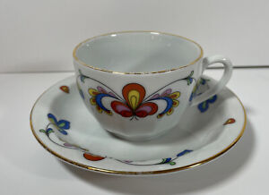 Vintage Porsgrund Farmers Rose Porcelain Tea Cup & Saucer Norway Gold Rim Use