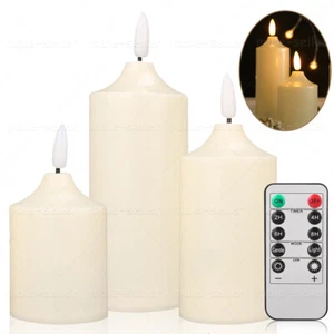 Set of 3 LED Flameless Pillar Candles Flickering Battery Operated With Remote - Picture 1 of 17