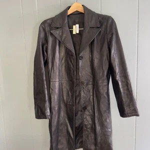 Vintage Black Leather Trench Coat Women's Medium Y2K Minimalist Matrix Style - Picture 1 of 6