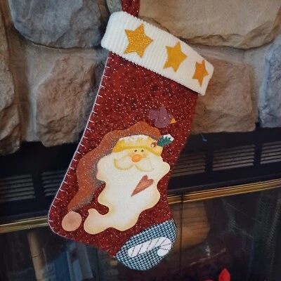 Red Christmas Stocking Santa Felt Gold Stars Green Toe W/Candy cane Large - Image 1 of 2