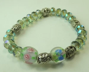 Handcrafted Crystal Stretch Bracelet with Floral Lampwork - Picture 1 of 1