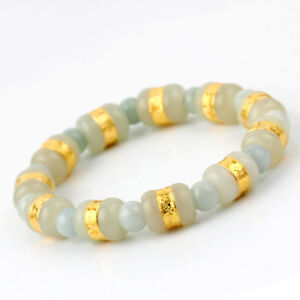 Natural Grade A Jade Nephrite 24K Gold Tube bead Bracelet    56889
