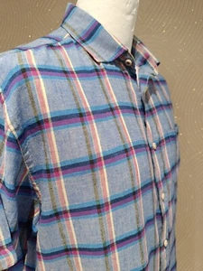 Maine New England Mens Blue Check Short Sleeve Linen Blend Shirt Size Large - Picture 1 of 11