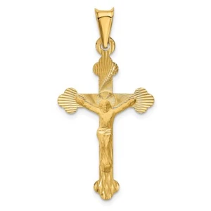 Real 14kt Yellow Gold Polished Satin and Diamond Cut Crucifix Pendant - Picture 1 of 6
