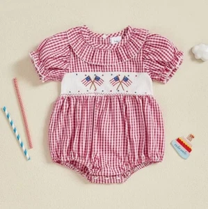 NEW 4th of July Baby Girls Embroidered Flag Red Gingham Romper Jumpsuit - Picture 1 of 5