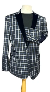 Insomnia Mens Blazer Blue Plaid Elbow Patch Sz L Sz 38 40 Jacket Velvet Trim - Picture 1 of 14