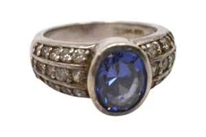Sterling Silver Ring – Size 7 – Blue CZ Center w/ Pave Clear Stones – 7.64g - Picture 1 of 12