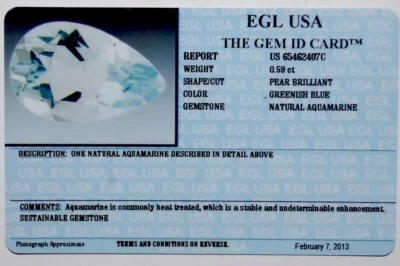 EGL USA TESTED AND CERTIFIED NATURAL PEAR BRILLIANT AQUAMARINE 0.59CT - Image 1 of 2