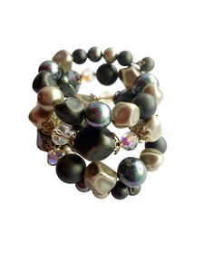 Vintage Green Two Tone & Crystal Bead Memory Wire Coiled Bracelet - Picture 1 of 8