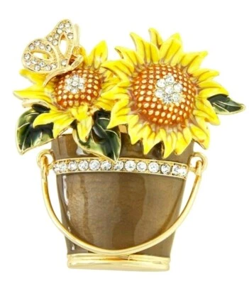 Napier Sunflowers in Wood Pail Basket Bucket Brooch Pin Butterfly Gold Tone NEW - Image 1 of 4