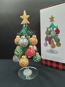 HANDCRAFTED GLASS CHRISTMAS TREE NEW BOX 8" TALL 12 ORNAMENTS TABLETOP HOLIDAY - Picture 1 of 12