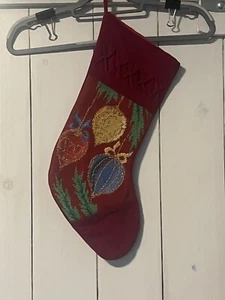 Red ruched velvet hanging ornaments needlepoint stocking Christmas - Picture 1 of 5