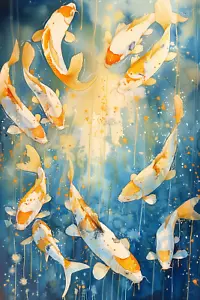 IMPRESIÓN ARTÍSTICA EN LIENZO DE PECES "SUNLIT KOI" 18X24" o 24X36" LISTO PARA COLGAR DECORACIÓN DEL HOGAR - Imagen 1 de 5