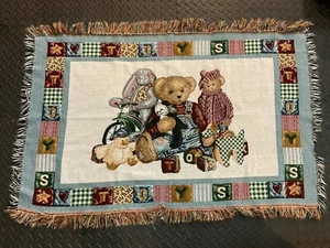 BLUE JEAN TEDDY BEAR Throw Baby Blanket Panda Toys Blocks  Springmaid Wall - Picture 1 of 5