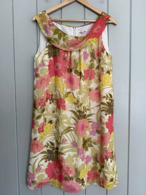 Garnet Hill 100% Silk Dress 12 Green Pink A-Line Cowl Boat Neck Sleeveless - Image 1 of 4