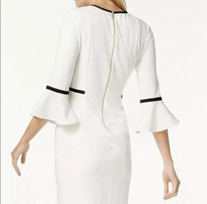 Calvin Klein Women's Bell Sleeve Sheath Dress Size 10 Lined Knitted Cream Blk - Picture 1 of 7