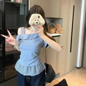 Korean Plaid Patchwork Off-shoulder Short Sleeve Slim Knitted T-shirt For Women - Picture 1 of 13