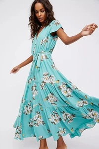 Maxi Vestido Free People Talla 0 All I Got Estampado Floral Verde Boho en Niveles - Imagen 1 de 16