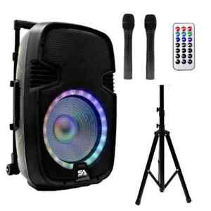 Powered 10" Dj Karaoke Speaker Set - Bluetooth, Led Lights, 2 Wireless Mics