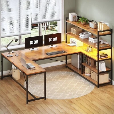 L Shaped Computer Desk, 63" Reversible Office Desk w/Storage Shelves &LED Lights - Image 1 of 4