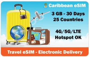 Caribbean eSIM - 25 ccountries - 3 GB for 30 days - Perfect for Cruises! - Picture 1 of 3