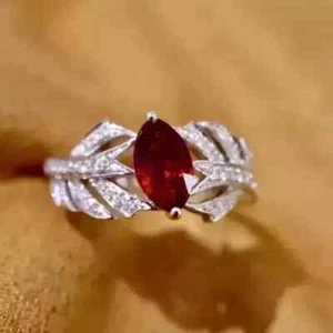 14k White Gold Plated 2Ct Marquise Simulated Garnet Halo Engagement WeddingRING - Picture 1 of 5