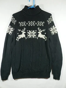 Vtg Lands End Christmas Sweater Black Reindeer Snowflake Nordic Ski Med - Picture 1 of 9