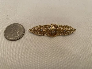 Vintage Delicate Filigree Goldtone BAR PIN Brooch w/Rhinestones 3/4" x 2 1/2" - Picture 1 of 3