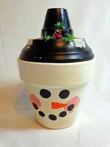 Snowman Figurine Container With Lid Let It Snow 7.5” Handmade Terra Cotta - Picture 1 of 8