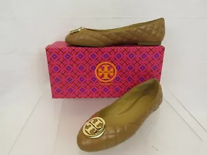 NUEVO EN CAJA TORY BURCH BENTON 2 MARRÓN CUERO BRONCEADO ACOLCHADO ORO REVA LOGOTIPO BALLET PLANOS 9 - Imagen 1 de 12