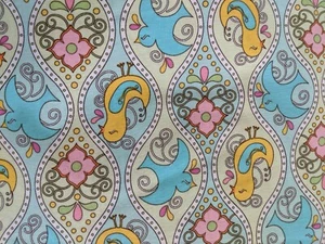 Polka Perch by Jessica Goldman-, birds with ogee, green, yellow, blue, 25" x44" - Picture 1 of 4