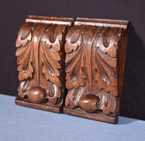 *5" Pair of French Antique Renaissance Corbels Hand Carved Oak Wood Trim Cover