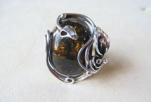 925 Sterlingsilber Schlange Grün Cabochon Bernstein Ring 10,8 Gramm Größe 5,75 - Bild 1 von 10