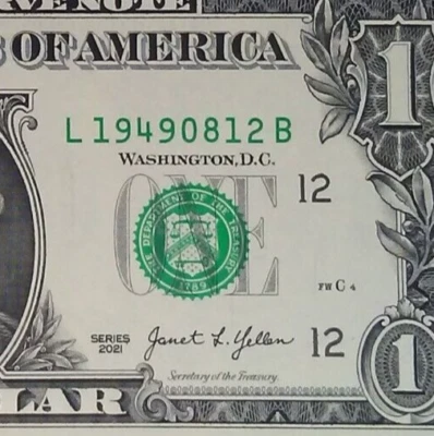 AUGUST 12th 1949 Birthday Anniversary Date  Note One Dollar Series 2021 - Image 1 of 3