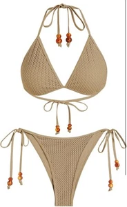 ZAFUL Women Bikini Set Two Piece Textured Beaded Tie Back Halter Cheeky Small - Picture 1 of 8