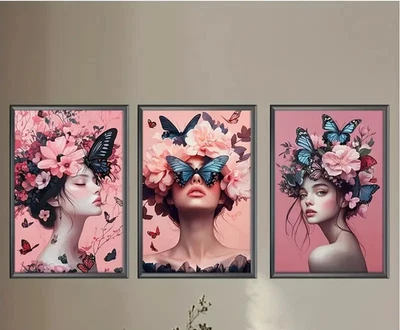 3pcs A Woman With Flowers And Butterflies Wall Art Poster Prints,Boho Wall Decor - Image 1 of 2